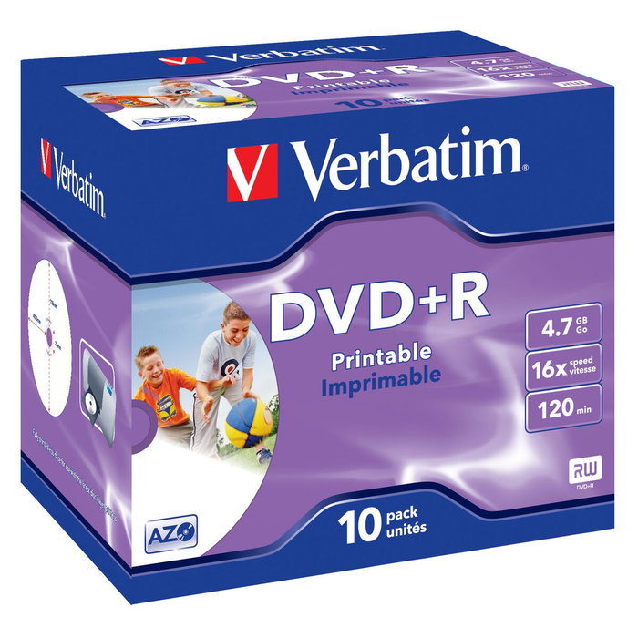 Verbatim DVD+R 4.7GB 16X Pack de 10 con Jewel Case e Inkjet Printable