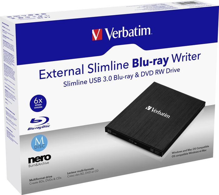 Verbatim External Slimline - Grabador Externo Blu-ray BD-RE USB 3.2 Gen 1 (3.1 Gen 1) para Sobremesa y Portátil - Negro - Con Software Nero