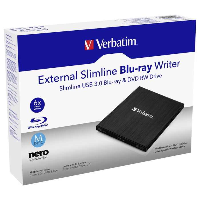 Verbatim External Slimline - Grabador Externo Blu-ray BD-RE USB 3.2 Gen 1 (3.1 Gen 1) para Sobremesa y Portátil - Negro - Con Software Nero