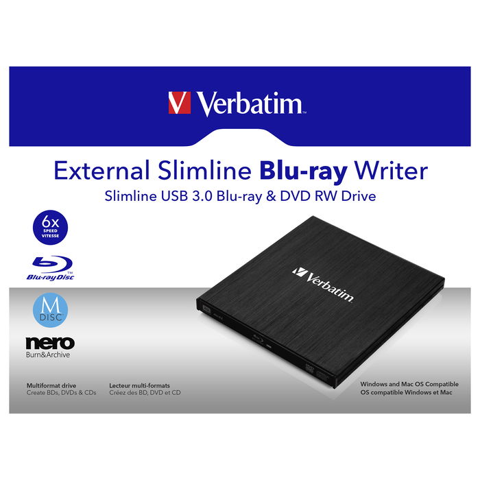 Verbatim External Slimline - Grabador Externo Blu-ray BD-RE USB 3.2 Gen 1 (3.1 Gen 1) para Sobremesa y Portátil - Negro - Con Software Nero