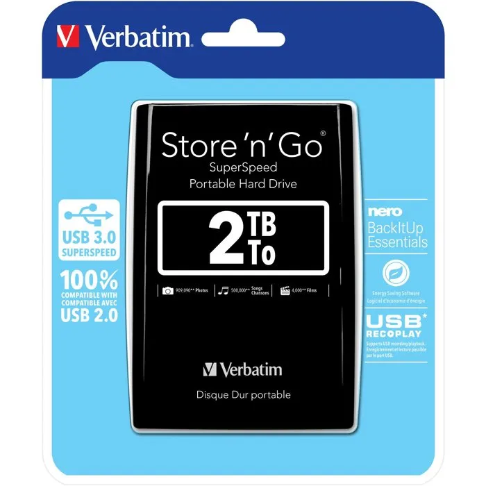 Verbatim 53177 - Disco Duro Externo Portátil Store 'n' Go, 2 TB, USB 3.0, Almacenamiento para PC, Mac, PS4