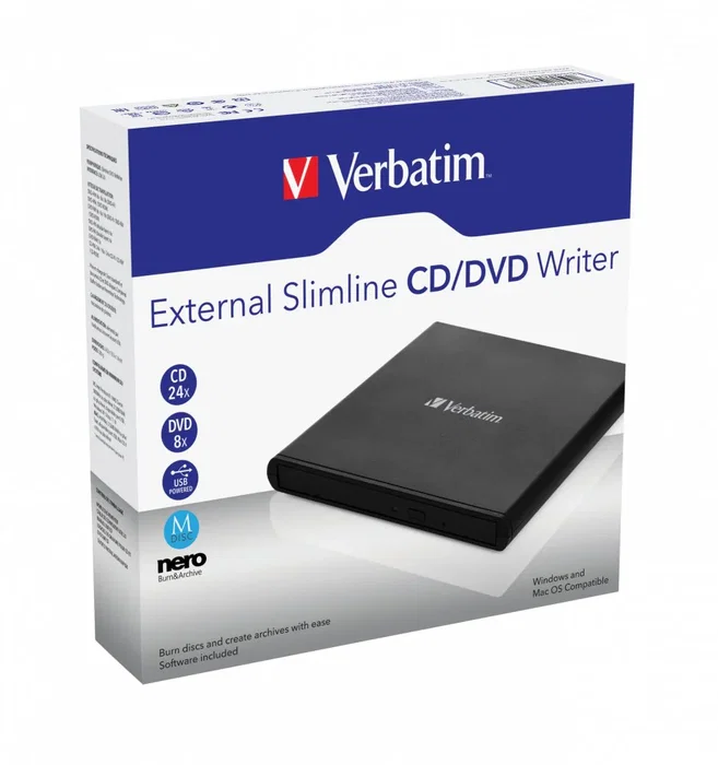Verbatim Grabadora externa DVD±RW Slimline, unidad óptica portátil con bandeja, color negro, USB 2.0, compatible con CD/DVD, modelo 53504