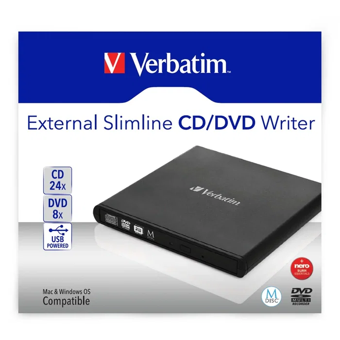 Verbatim 98938 Grabadora Externa Slimline DVD-RW USB 2.0 para Portátil - Unidad Óptica CD/DVD, Color Negro, Incluye Software Nero Burn & Archive