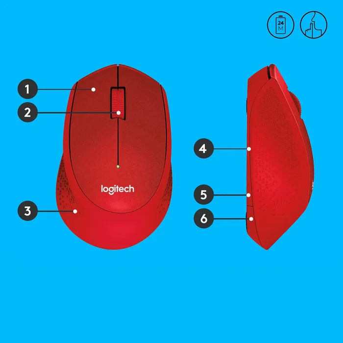 Logitech M330 Silent Plus Ratón Inalámbrico Silencioso para Oficina, 1000 DPI, Rojo, Mano Derecha, RF 2.4 GHz, 910-004911