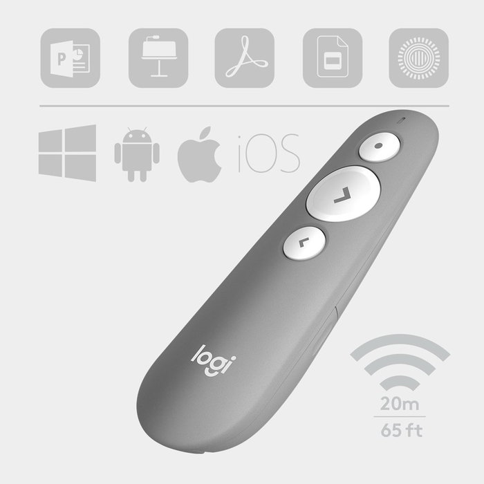 Logitech Mando Inalambrico para Presentaciones R500S, Puntero Laser Rojo, USB y Bluetooth, Gris Medio, 910-006520