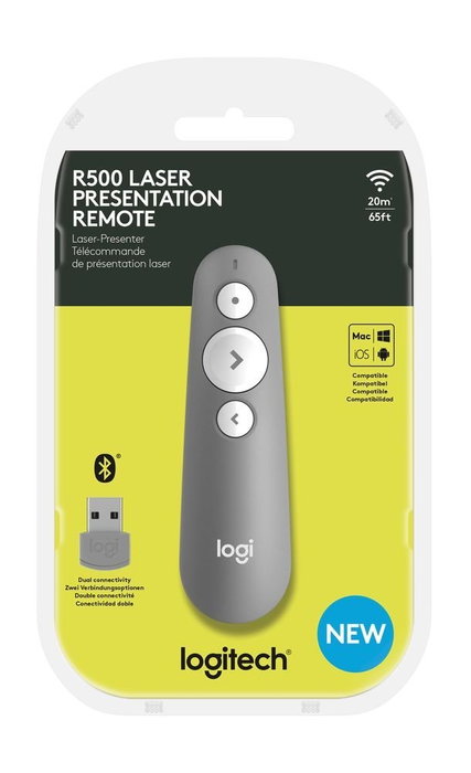 Logitech Mando Inalambrico para Presentaciones R500S, Puntero Laser Rojo, USB y Bluetooth, Gris Medio, 910-006520