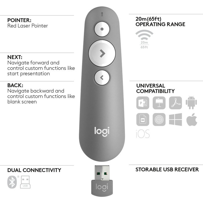 Logitech Mando Inalambrico para Presentaciones R500S, Puntero Laser Rojo, USB y Bluetooth, Gris Medio, 910-006520