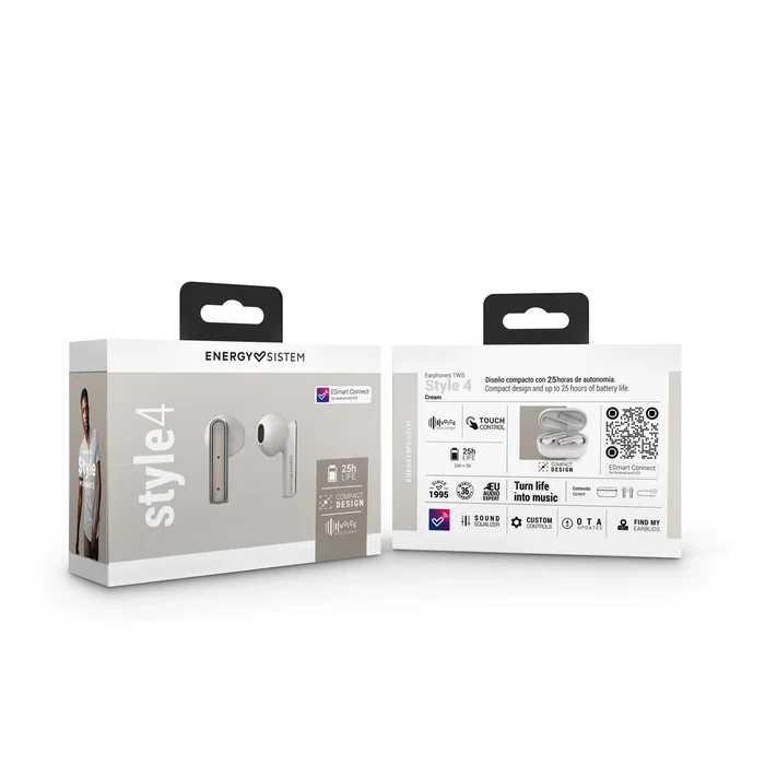 Energy Sistem Style 4 Auriculares True Wireless (TWS) Intraauriculares Bluetooth 5.1 con 25h Batería, Control Táctil, App ESmart Connect, Asistentes de Voz, Color Crema