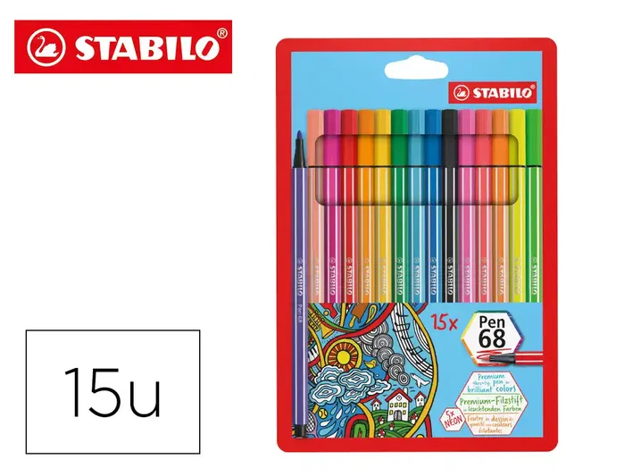 Stabilo Pen 68 Estuche de 15 Rotuladores (10 Estándar + 5 Neón)