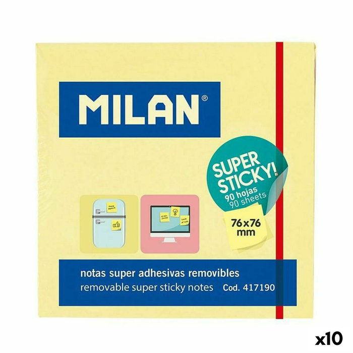 Milan Pack de 10 notas autoadhesivas súper adhesivas, 90 hojas, 76x76mm, amarillo