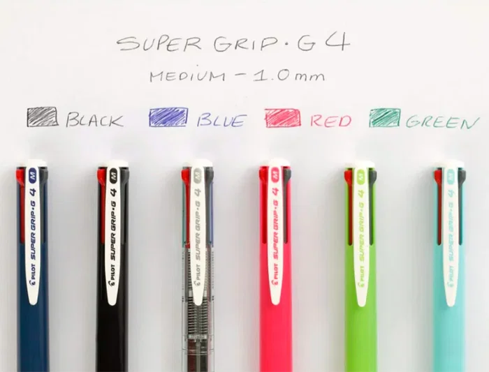 Pilot Bolígrafo Super Grip G Retractil Sujeción Caucho Tinta Base Aceite 4 Colores Cuerpo Azul 1 mm