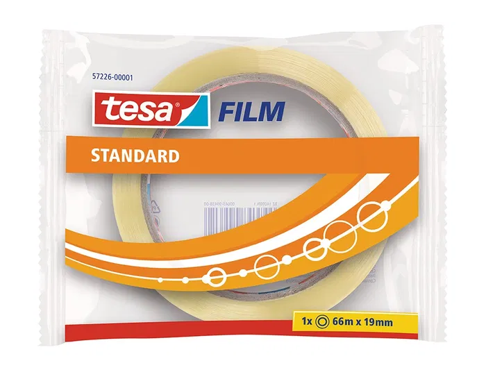 Tesa Cinta Adhesiva Transparente Standard 66 m x 19 mm, 66 metros Largo x 19 mm Ancho, Rollo para Embalar y Envolver