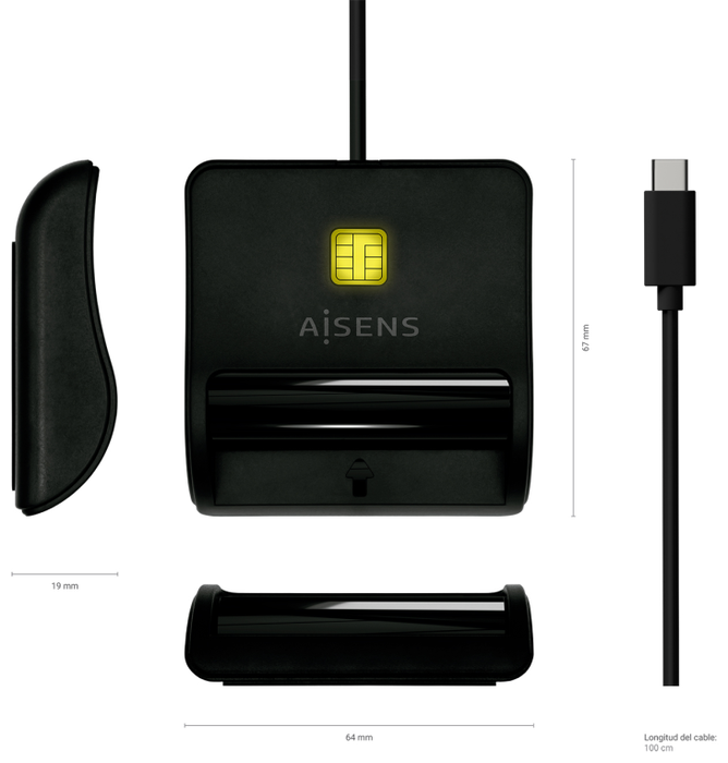 Aisens Lector de Tarjetas Inteligentes DNI USB-C Negro ASCR-SN03C-BK