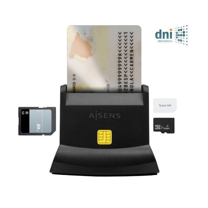 Aisens Lector de tarjetas inteligente DNI y tarjetas de memoria USB-C Negro ASCR-SN04CSD-BK