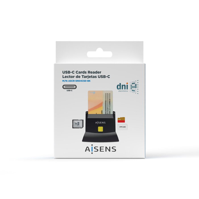 Aisens Lector de tarjetas inteligente DNI y tarjetas de memoria USB-C Negro ASCR-SN04CSD-BK