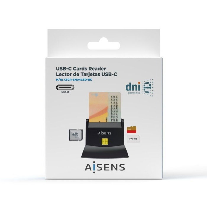 Aisens Lector de tarjetas inteligente DNI y tarjetas de memoria USB-C Negro ASCR-SN04CSD-BK