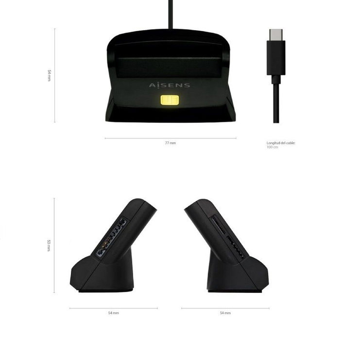 Aisens Lector de tarjetas inteligente DNI y tarjetas de memoria USB-C Negro ASCR-SN04CSD-BK