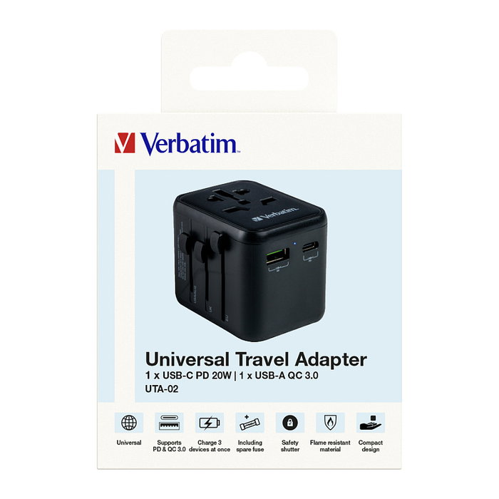 Verbatim UTA-02 Adaptador Universal de Viaje con USB-C 20W y USB-A 18W Verbatim UTA-02 Adaptador Universal de Viaje con USB-C 20W y USB-A 18W