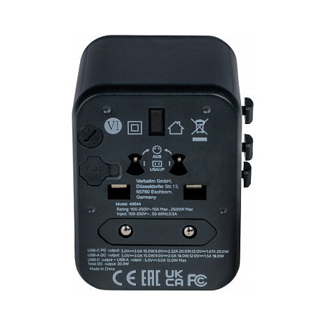 Verbatim UTA-02 Adaptador Universal de Viaje con USB-C 20W y USB-A 18W Verbatim UTA-02 Adaptador Universal de Viaje con USB-C 20W y USB-A 18W