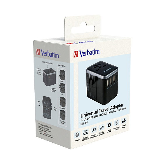 Verbatim UTA-04 Adaptador de Viaje Universal 61W con 2x USB-C y 3x USB-A Verbatim UTA-04 Adaptador de Viaje Universal 61W con 2x USB-C y 3x USB-A