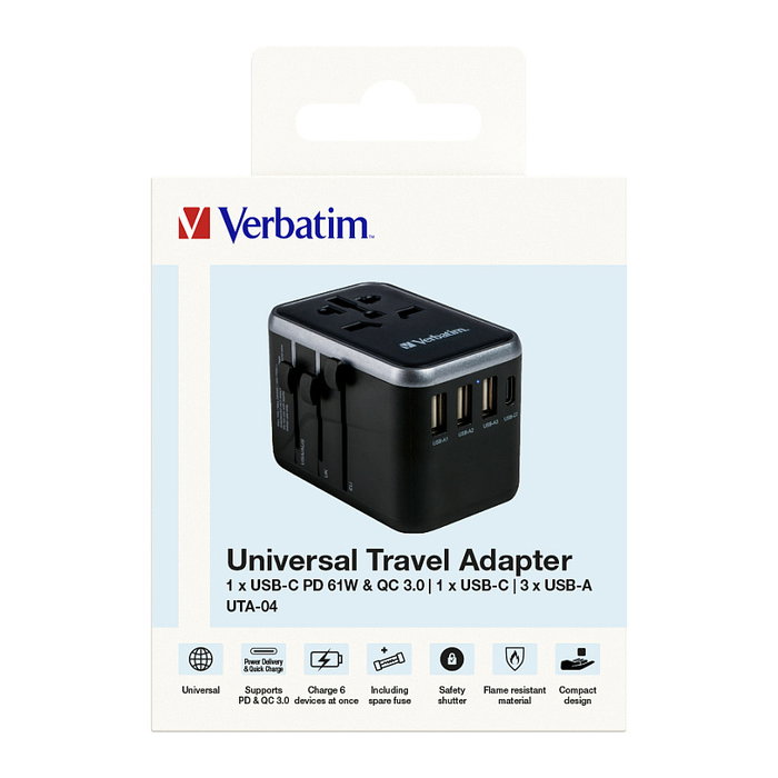 Verbatim UTA-04 Adaptador de Viaje Universal 61W con 2x USB-C y 3x USB-A Verbatim UTA-04 Adaptador de Viaje Universal 61W con 2x USB-C y 3x USB-A