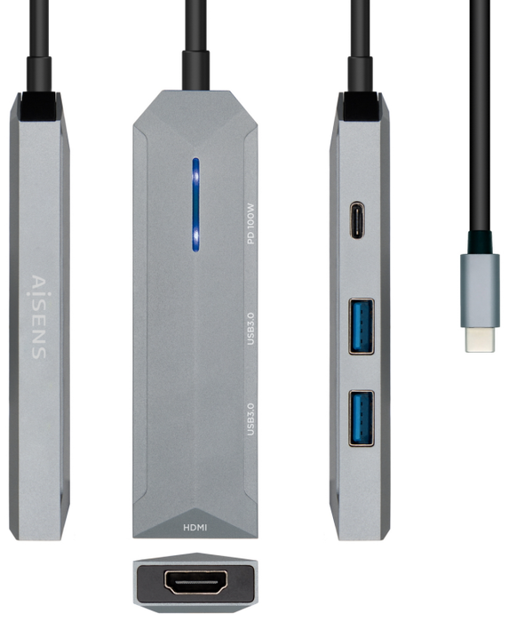 Aisens Dock USB-C 4 en 1 con HDMI 4K, 2x USB y PD 100W, Gris Aisens Dock USB-C 4 en 1 con HDMI 4K, 2x USB y PD 100W, Gris