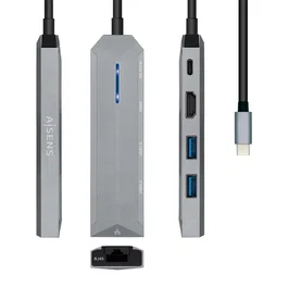 AISENS - USB-C DOCK 5 EN 1, USB-C A 1xHDMI, 1xRJ45, 2xUSB, 1xPD, GRIS, 15CM