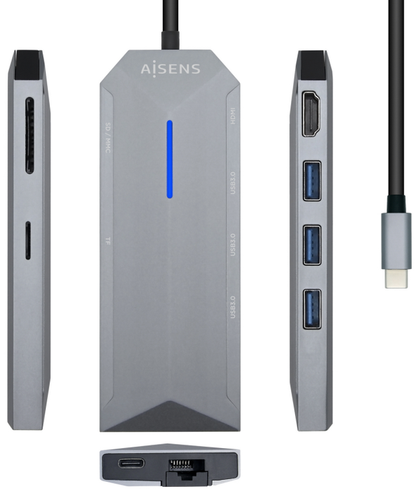 Aisens Docking Station 8 en 1 USB-C, HDMI 4K, RJ45, 3xUSB, PD 100W, SD/MicroSD, Gris Aisens Docking Station 8 en 1 USB-C, HDMI 4K, RJ45, 3xUSB, PD 100W, SD/MicroSD, Gris