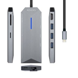 Aisens Docking Station 8 en 1 USB-C, HDMI 4K, RJ45, 3x USB, PD 100W, SD/MicroSD, Gris