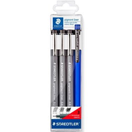 Staedtler Pigment Liner Fineliner Negro Indeleble - Estuche con 3 Rotuladores (0.2, 0.4, 0.8 mm) y Portaminas Graphite 777 0.5 mm de Regalo (Set de 10)