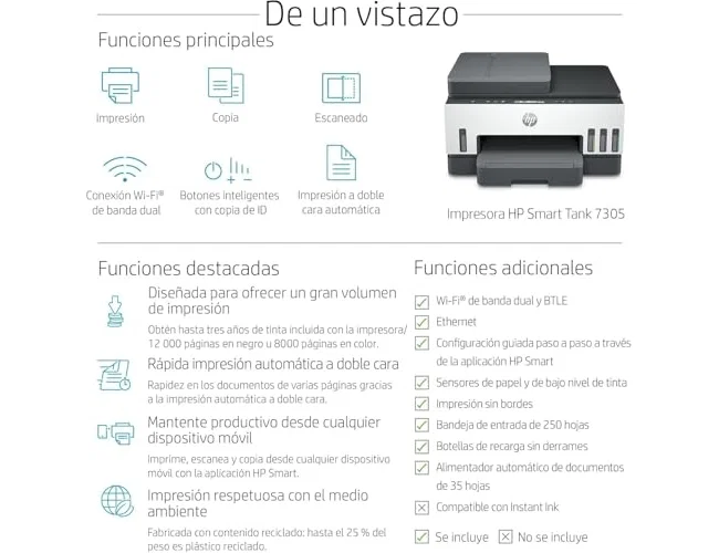 HP Smart Tank 7305 Multifunción Color Wi-Fi Dúplex Gris HP Smart Tank 7305 Multifunción Color Wi-Fi Dúplex Gris