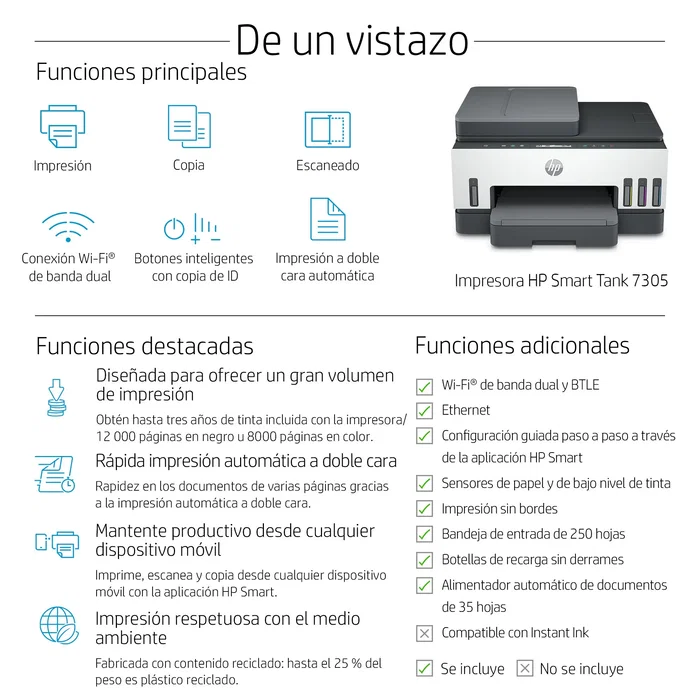 HP Smart Tank 7305 Multifunción Inyección de Tinta Color con Wi-Fi y Dúplex Automático