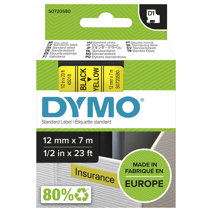 Dymo D1 S0720580 - Etiquetas Autoadhesivas para LabelManager y LabelWriter 450 DUO - Negro sobre Amarillo - 12 mm x 7 m - Poliéster Dymo D1 S0720580 - Etiquetas Autoadhesivas para LabelManager y LabelWriter 450 DUO - Negro sobre Amarillo - 12 mm x 7 m - Poliéster