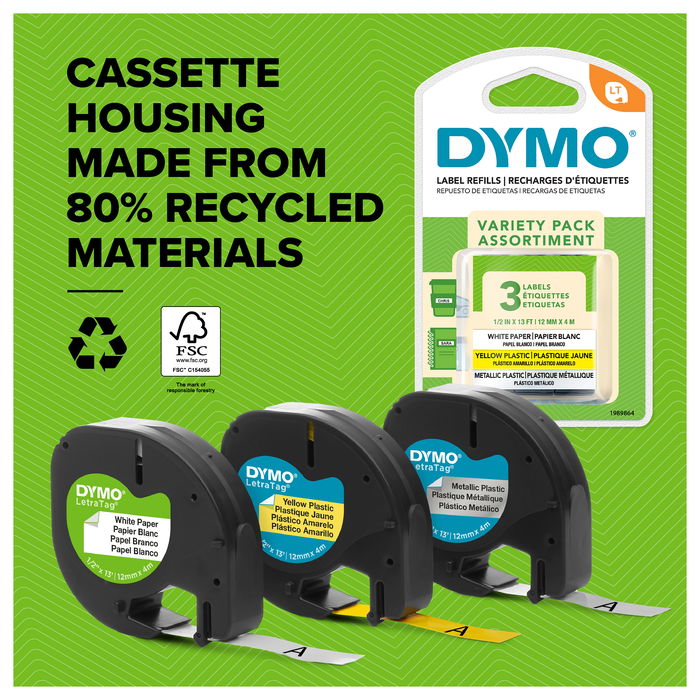 Dymo S0721620 Etiquetas LabelWriter LetraTag 12 mm x 4 m Negro sobre Amarillo