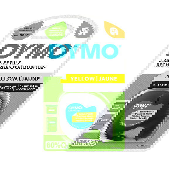 Dymo S0721620 Etiquetas LabelWriter LetraTag 12 mm x 4 m Negro sobre Amarillo