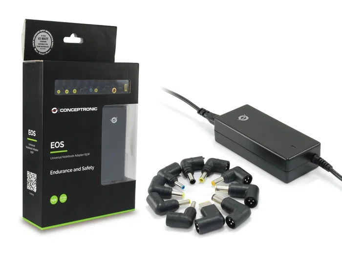 Conceptronic CNB65 Adaptador/Alimentador para Portátil 65W, 12 Puntas Universal, Voltaje Ajustable 15V/19V, Protección Sobrecarga