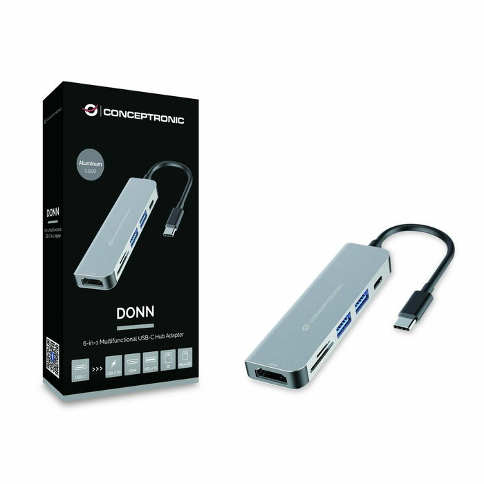 Conceptronic DONN02G Dock USB-C a HDMI, 2x USB-A y Lector de Tarjetas