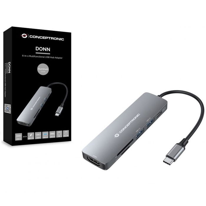 Conceptronic Donn11 Adaptador USB-C 6 en 1 a HDMI 4K 30Hz, USB 3.0, USB-C PD 60W, Lector de Tarjetas SD/TF, para MacBook, Chromebook, Windows