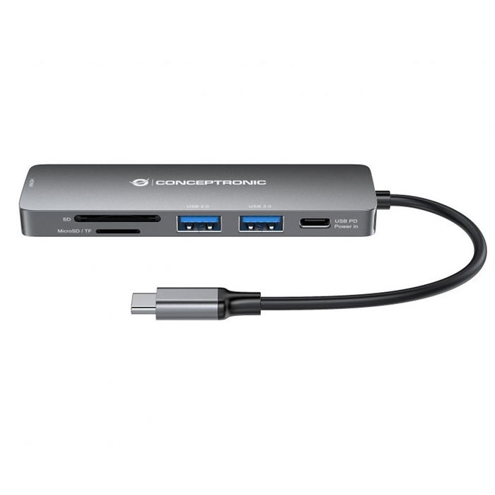 Conceptronic Donn11 Adaptador USB-C 6 en 1 a HDMI 4K 30Hz, USB 3.0, USB-C PD 60W, Lector de Tarjetas SD/TF, para MacBook, Chromebook, Windows