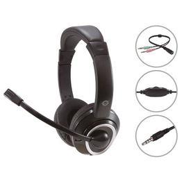 Conceptronic Auriculares Jack 3.5 mm con Micrófono Flexible y Control de Volumen, Incluye Adaptador 1 a 2 Jacks 3.5 mm, Negro