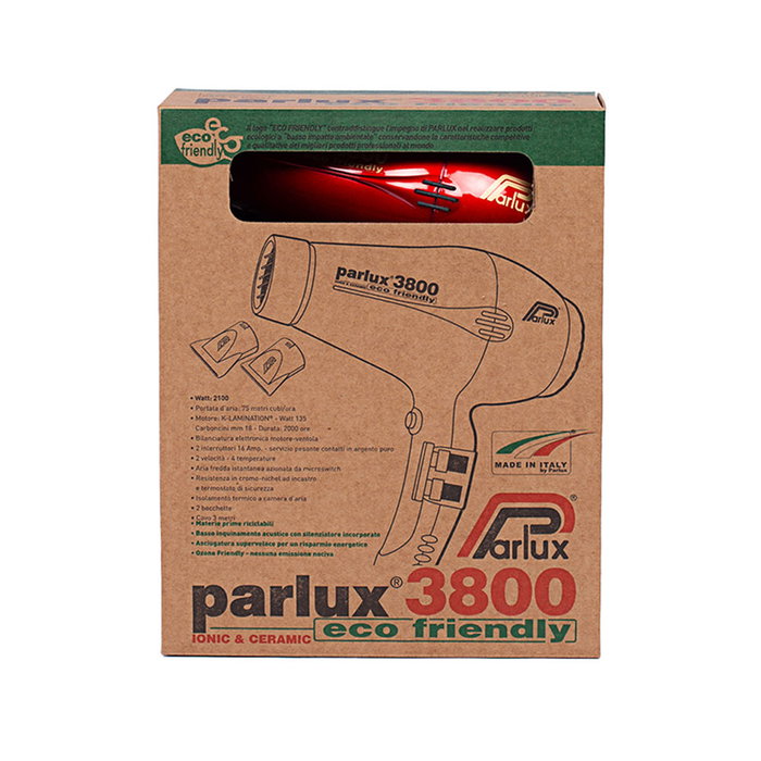 Parlux 3800 Ecofriendly Secador de Pelo Rojo 2100W con Tecnología Ionic & Ceramic y Silenciador Integrado 1 Unidad