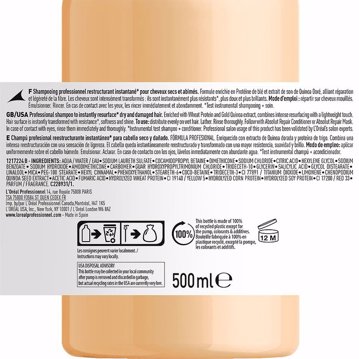 L'Oréal Professionnel Série Expert Absolut Repair Gold Quinoa & Protein Shampoo 500ml L'Oréal Professionnel Série Expert Absolut Repair Gold Quinoa & Protein Shampoo 500ml