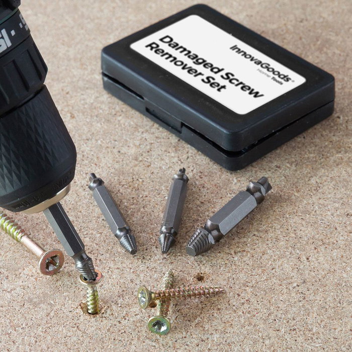 Innovagoods Brocas Extractoras de Tornillos Dañados, Pack 4 uds, Acero Templado, Para Tornillos 4-7/5mm, 8-10/6mm, 11-14/8mm, 16-24/10mm