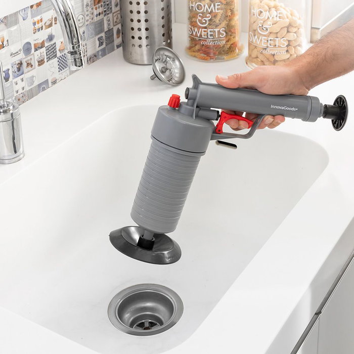 Innovagoods Pistola Desatascadora de Aire Comprimido con 4 Accesorios Adaptadores Universales para Cocinas y Baños