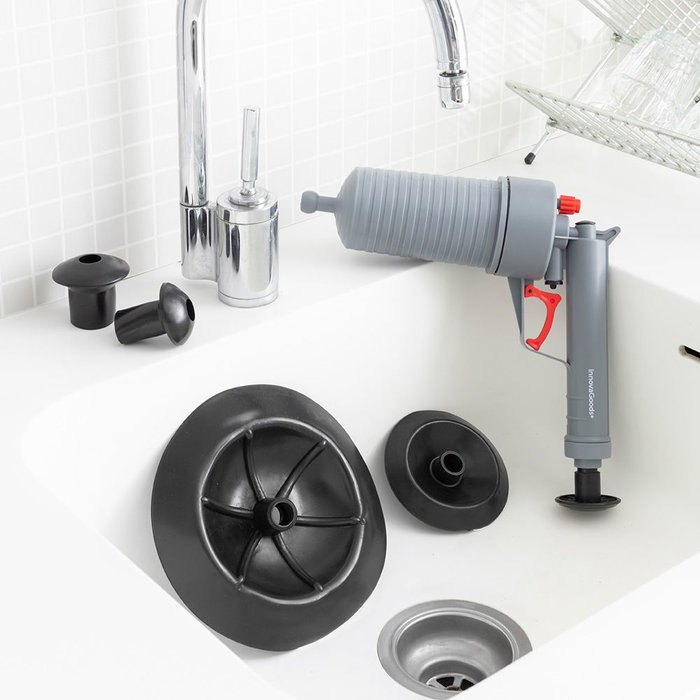 Innovagoods Pistola Desatascadora de Aire Comprimido con 4 Accesorios Adaptadores Universales para Cocinas y Baños