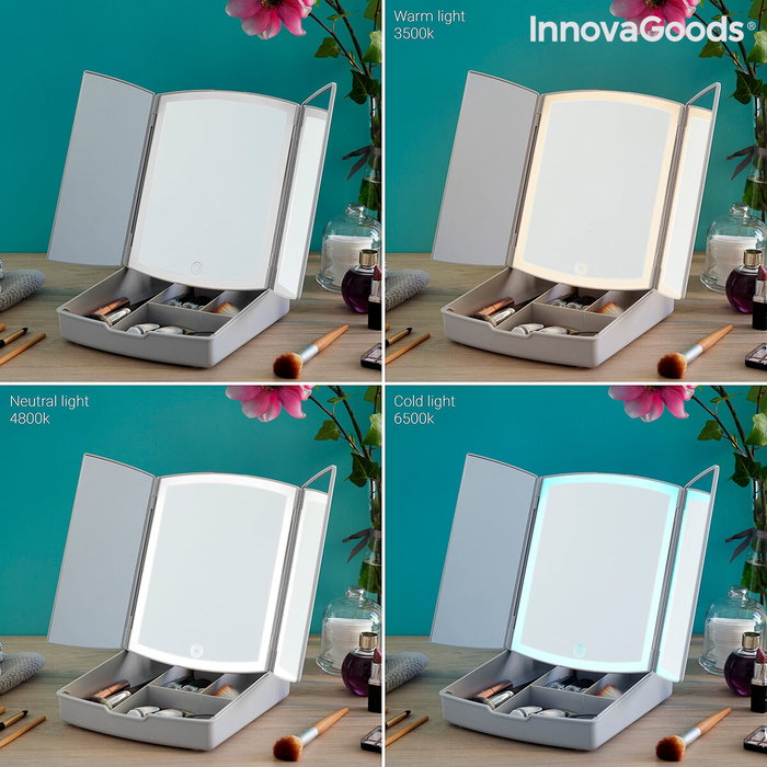 InnovaGoods Espejo LED Plegable con Organizador de Maquillaje 3 en 1 Panomir Blanco (Reacondicionado A)
