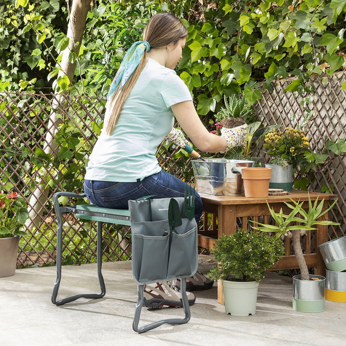 Inde Banco de Jardinería Plegable con Bolsa para Herramientas - Color Negro