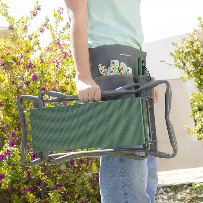 Inde Banco de Jardinería Plegable con Bolsa para Herramientas - Color Negro