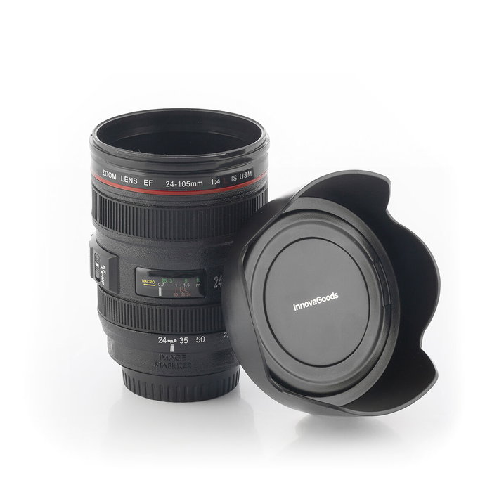 Innovagoods Taza multifunción Mukoffy de 400 ml con diseño de objetivo de cámara fotográfica