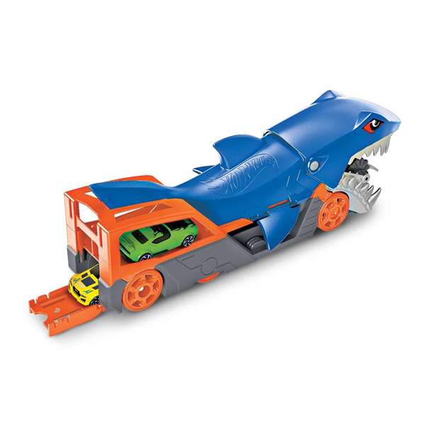 Mattel Hot Wheels - Transporteur et boîte de rangement en forme de requin mordant des voitures - Contient 1 véhicule à l'échelle 1:64 Mattel Hot Wheels - Transporteur et boîte de rangement en forme de requin mordant des voitures - Contient 1 véhicule à l'échelle 1:64
